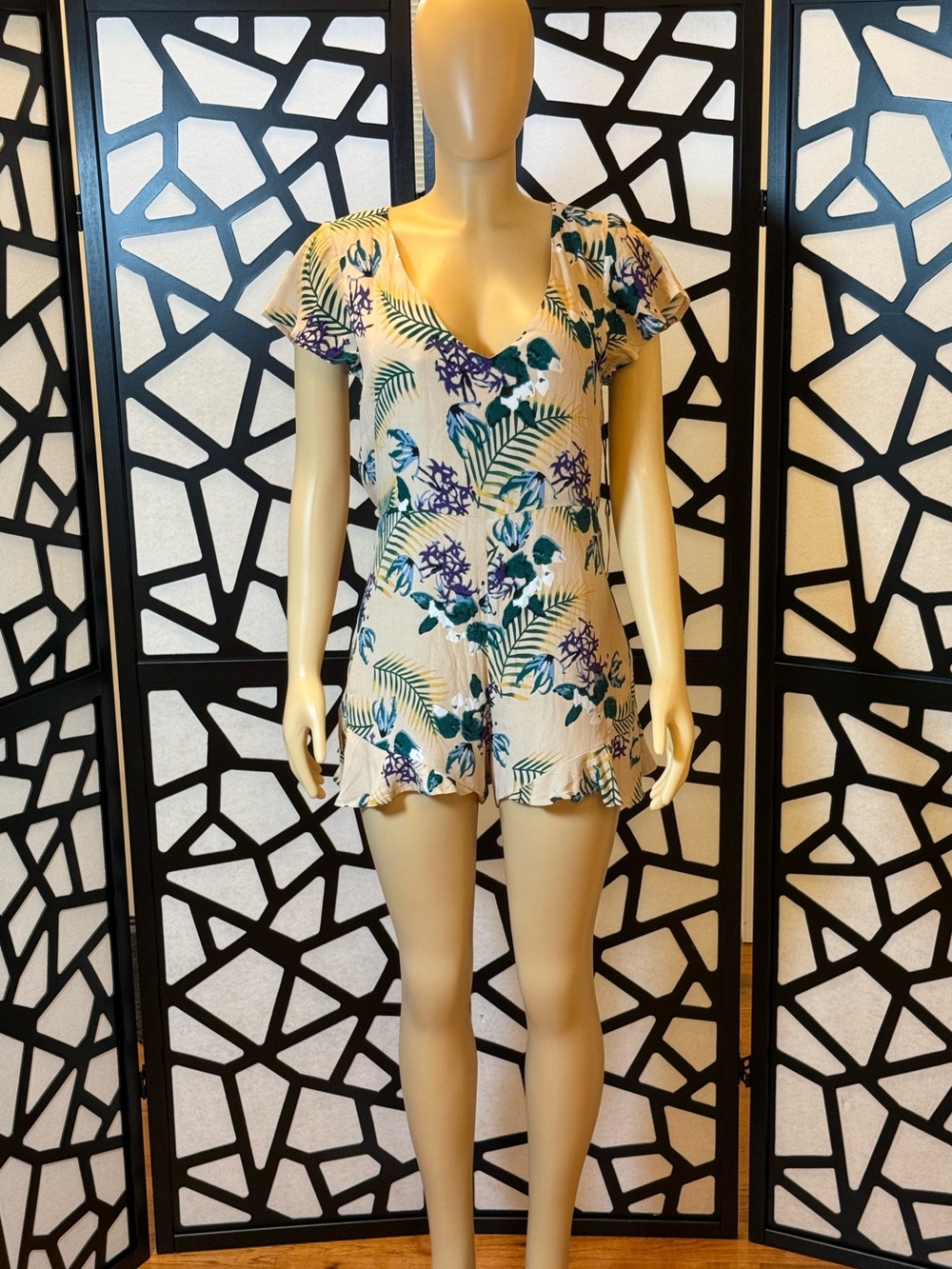 For Love & Lemons Cream romper with Green and Yellow Leaf Print NWT